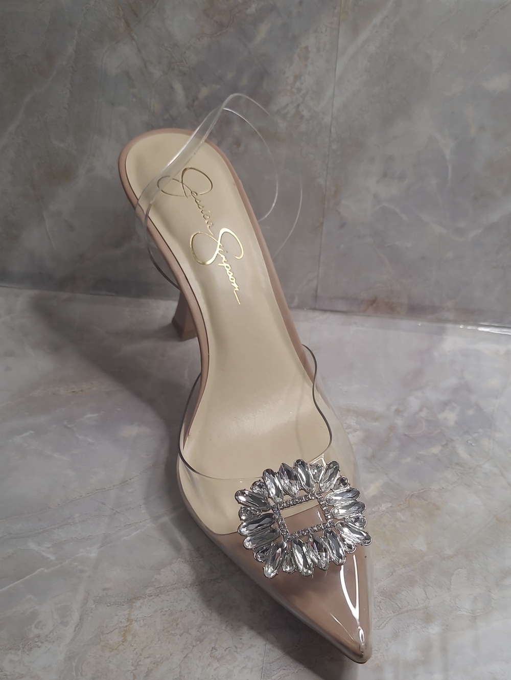 Jessica Simpson Pointed Toe Jeweled Buckle Heels in Brown Like New